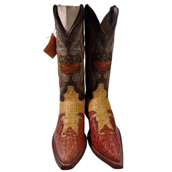 New El General Crocodile Skin Embroidered Red Yellow Brown Cowboy Boots Sz 6.5 - Picture 5 of 9